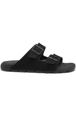 Twin-strap slides with branded buckles