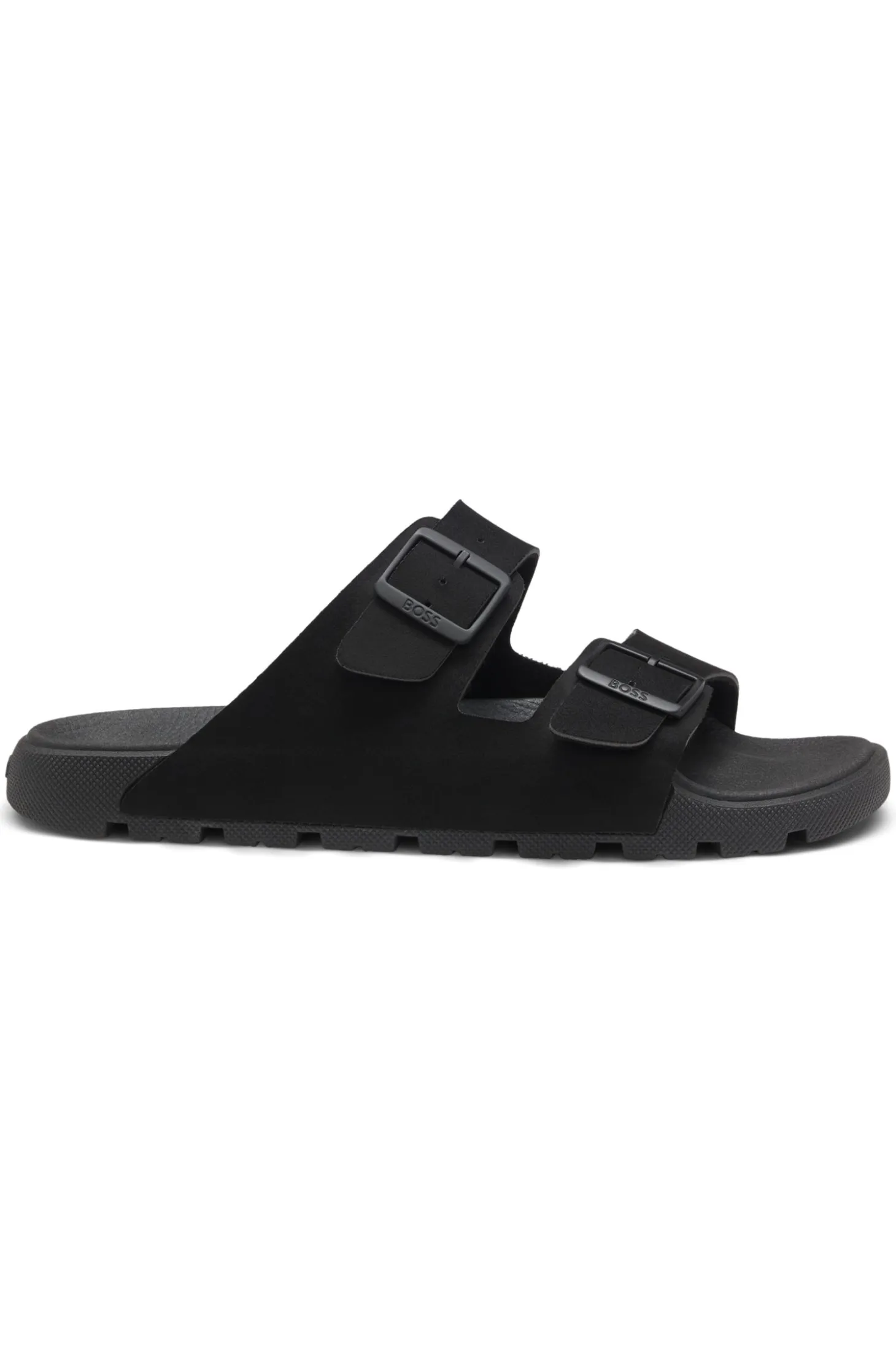 Twin-strap slides with branded buckles