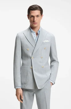 Two-piece slim-fit suit in stretch seersucker fabric