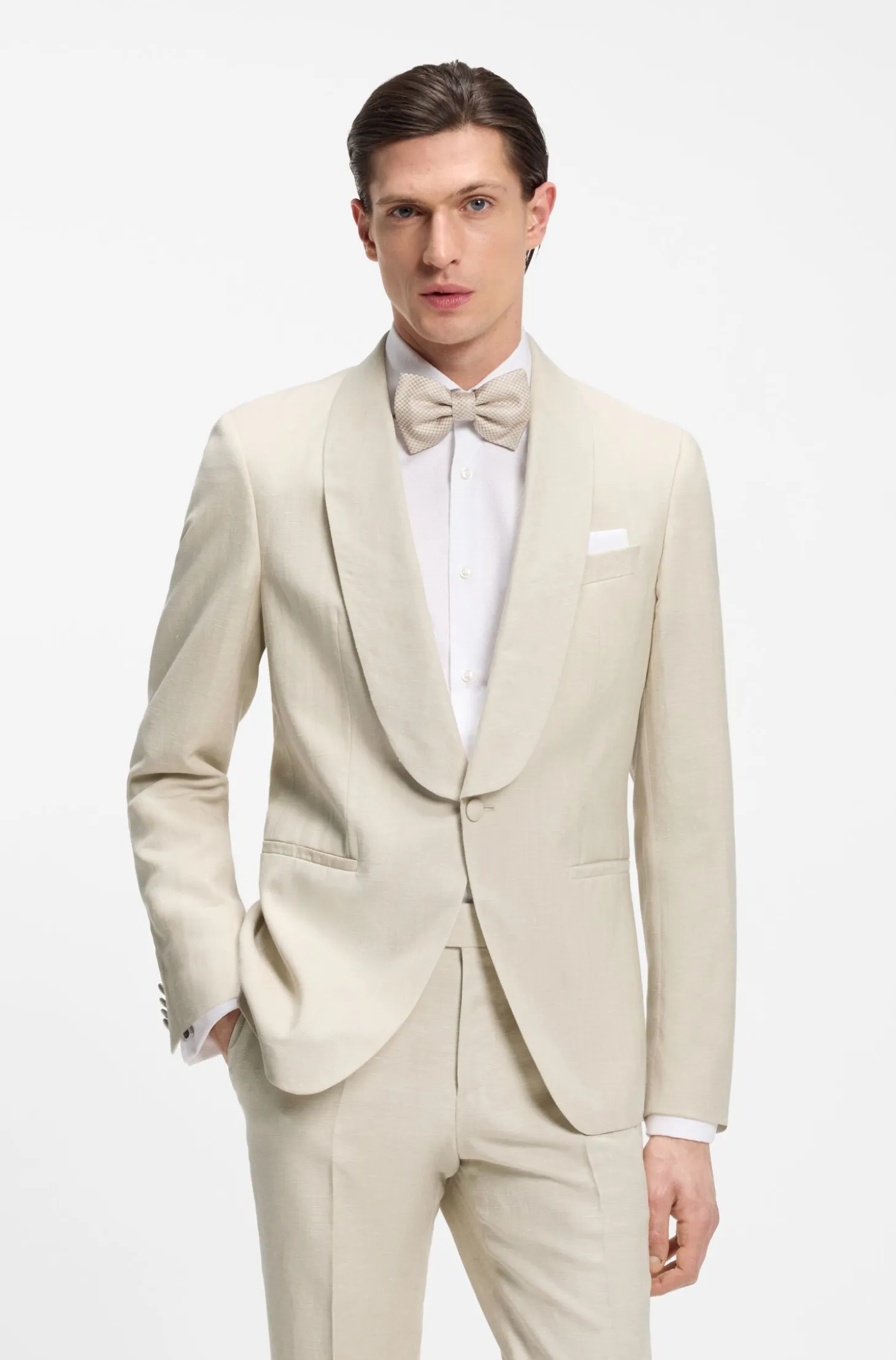 Two-piece slim-fit tuxedo suit in virgin wool and linen