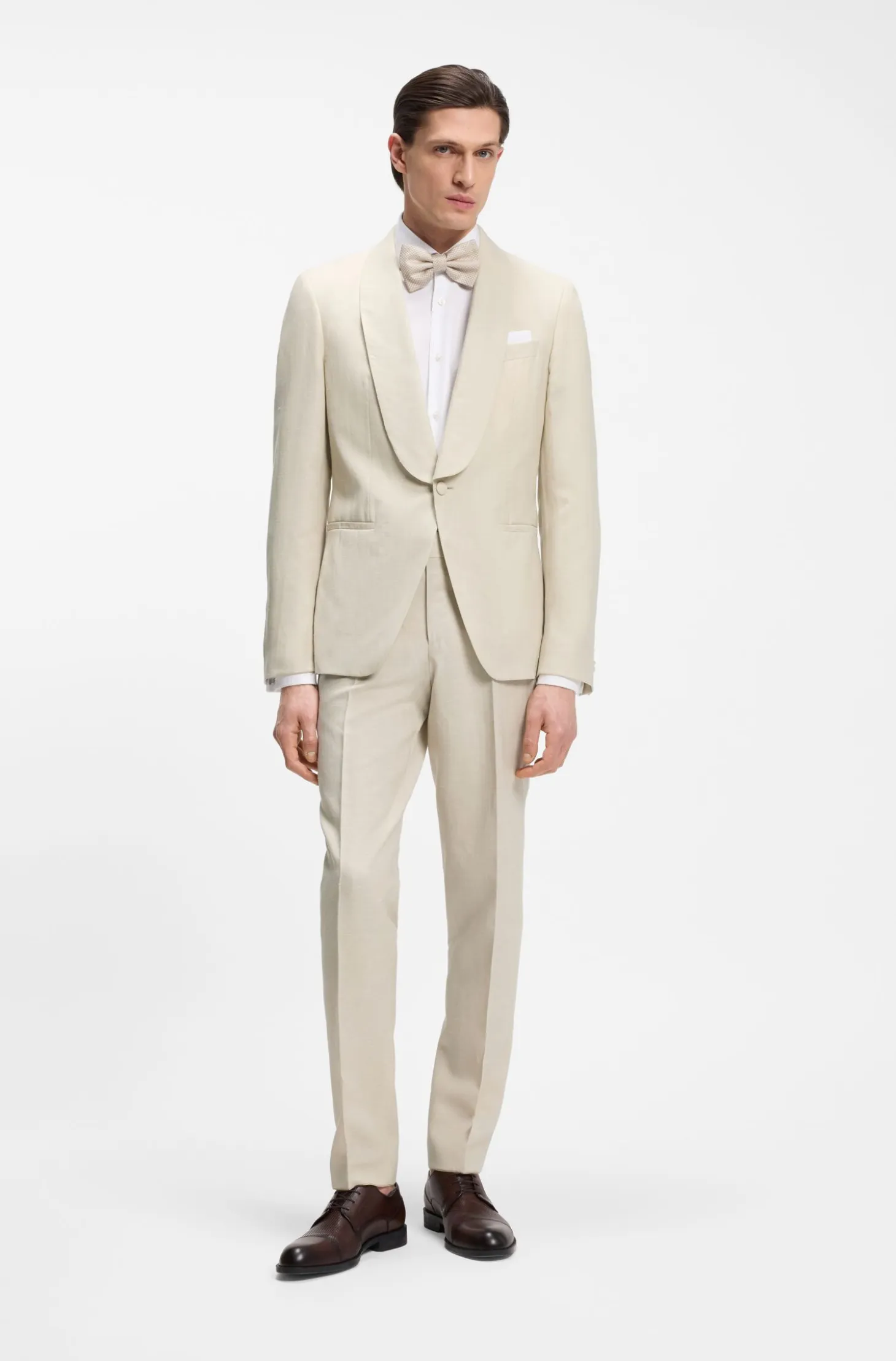 Two-piece slim-fit tuxedo suit in virgin wool and linen