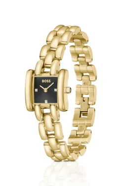 Violet square black-dial watch with sculptural bracelet