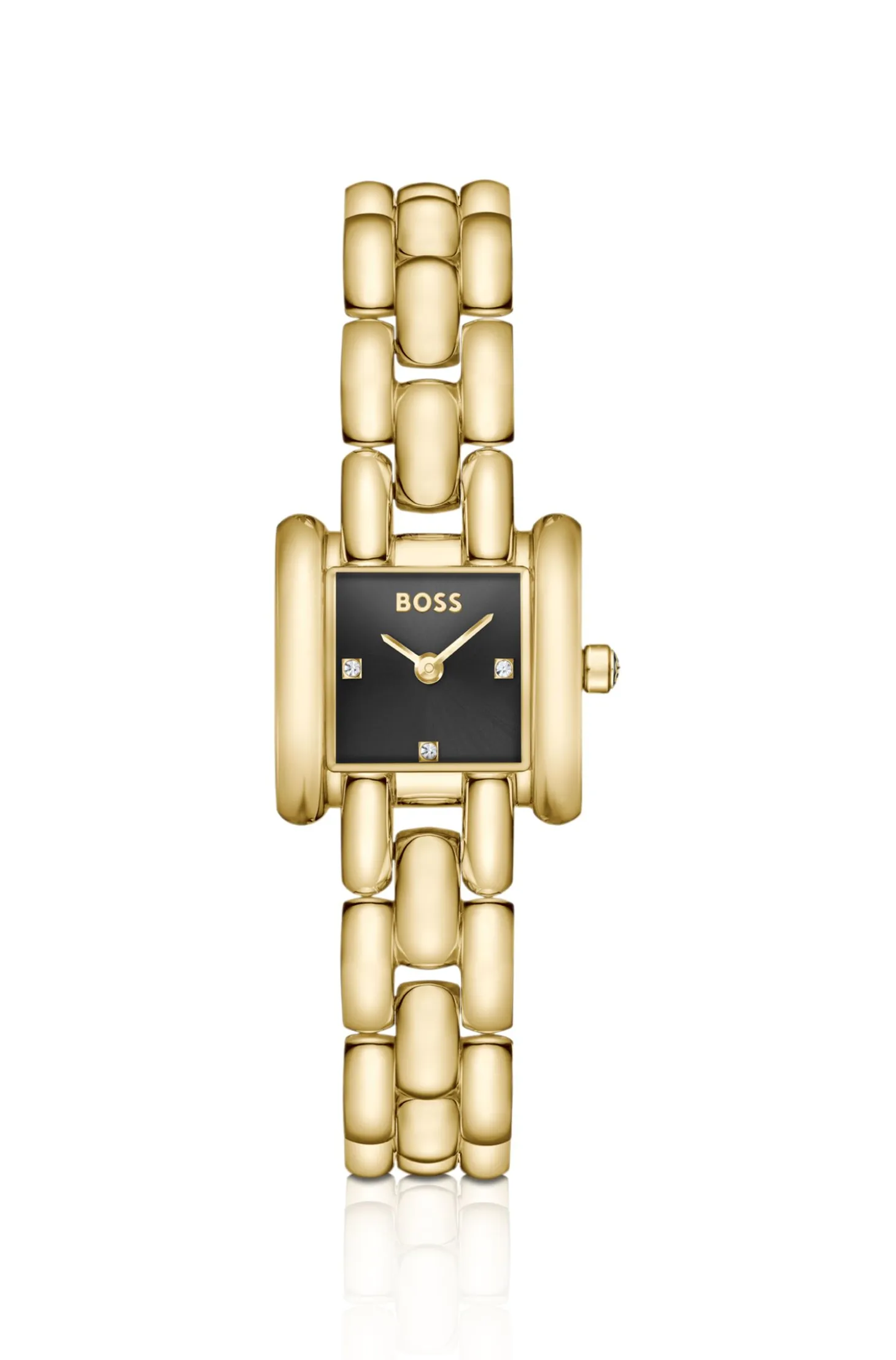 Violet square black-dial watch with sculptural bracelet