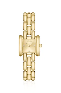 Violet square gold-tone watch with sculptural bracelet