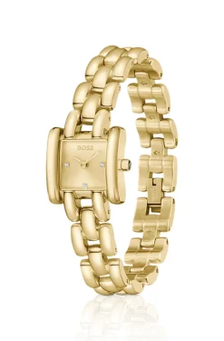 Violet square gold-tone watch with sculptural bracelet