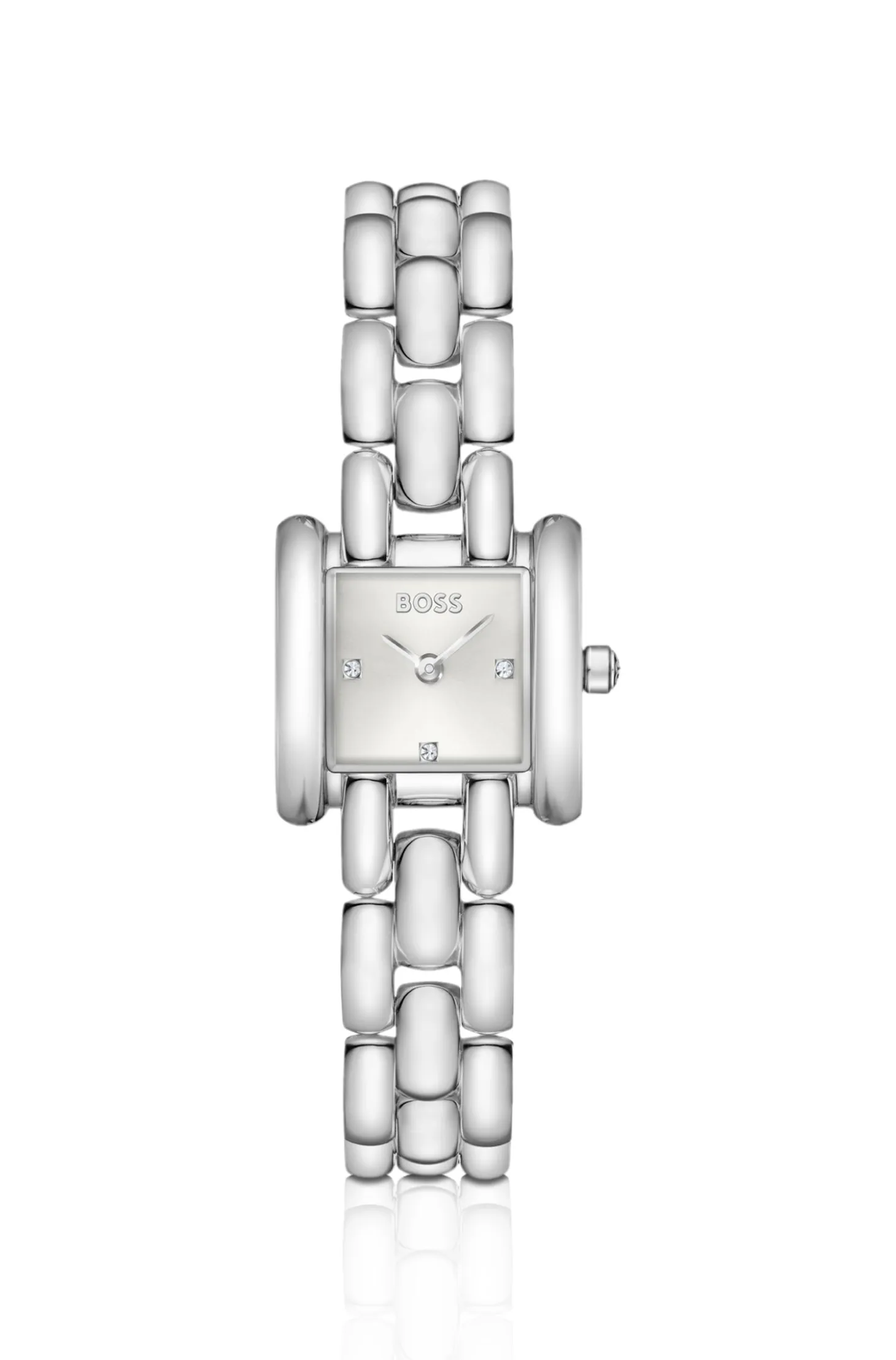 Violet square stainless-steel watch with sculptural bracelet