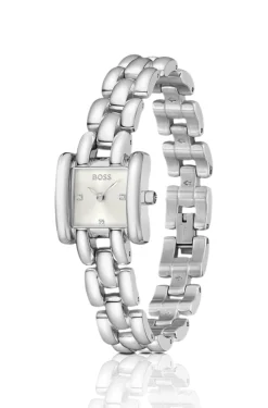 Violet square stainless-steel watch with sculptural bracelet