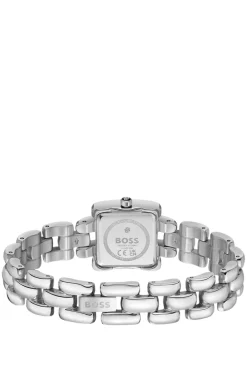 Violet square stainless-steel watch with sculptural bracelet
