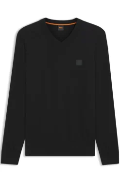 V-neck sweater in cotton and cashmere with logo patch
