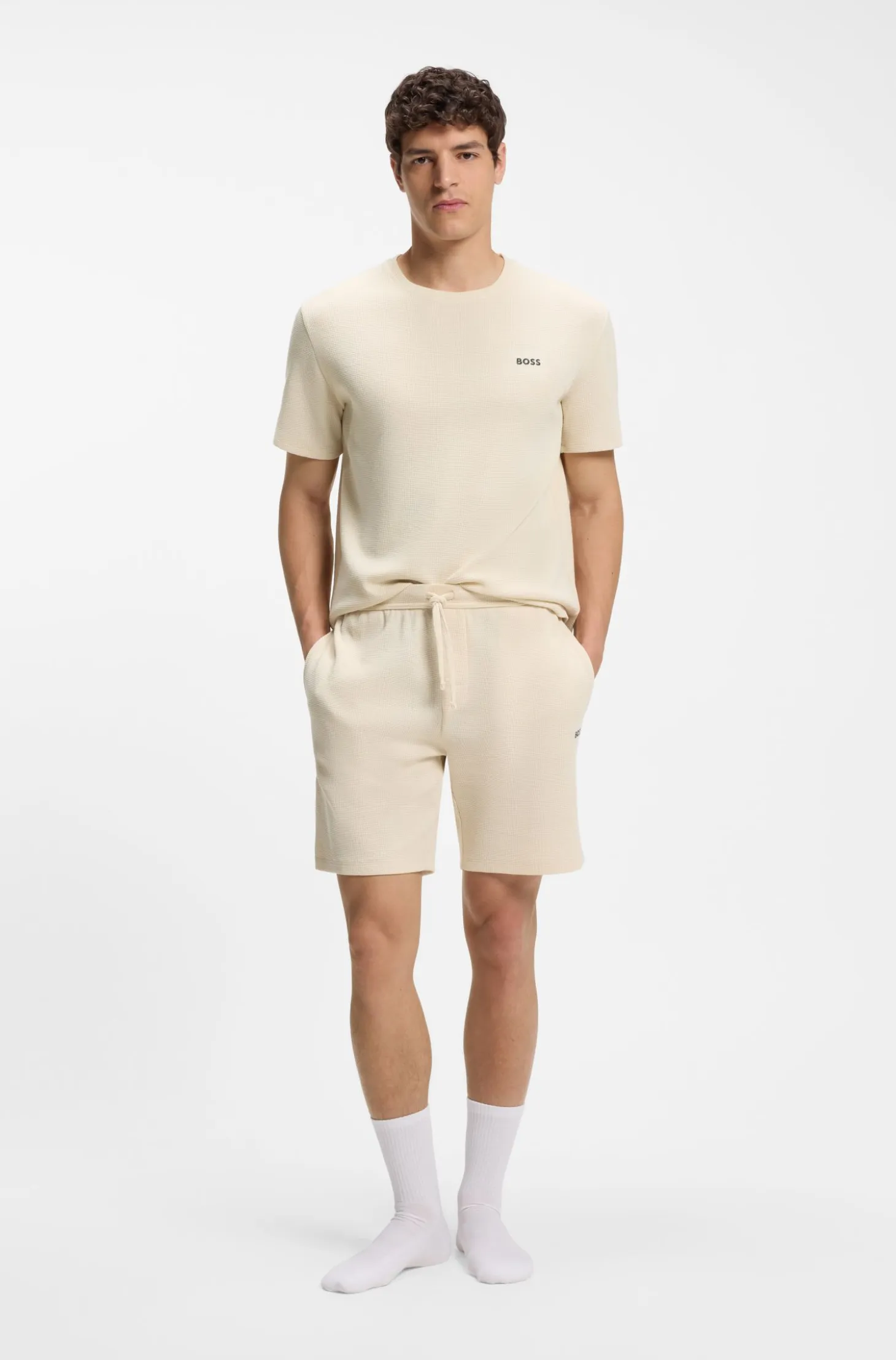 Waffle-structured pyjama T-shirt with embroidered logo