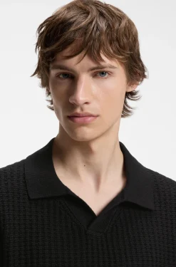 Waffle-structure knit polo with Johnny collar