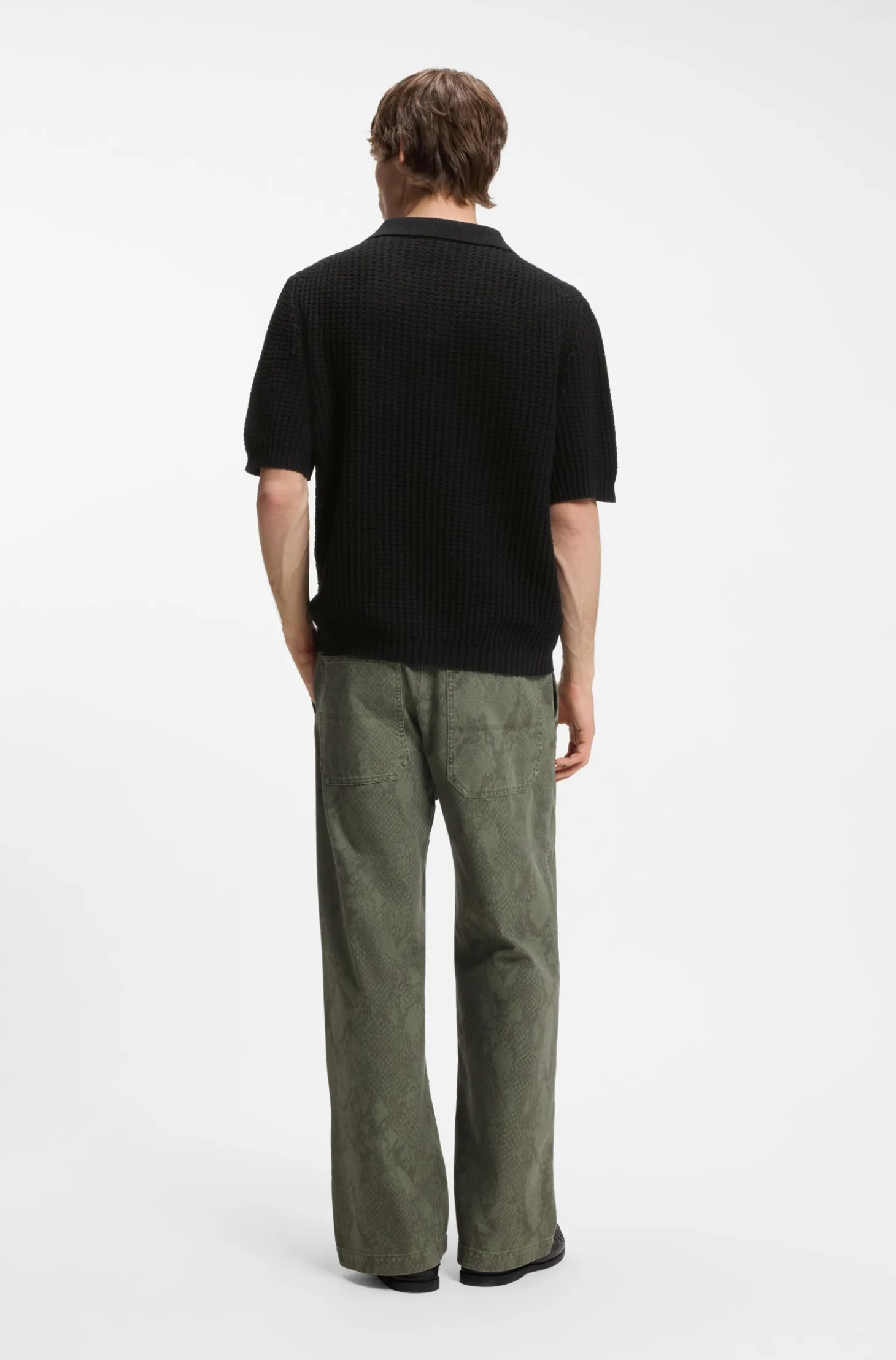 Waffle-structure knit polo with Johnny collar