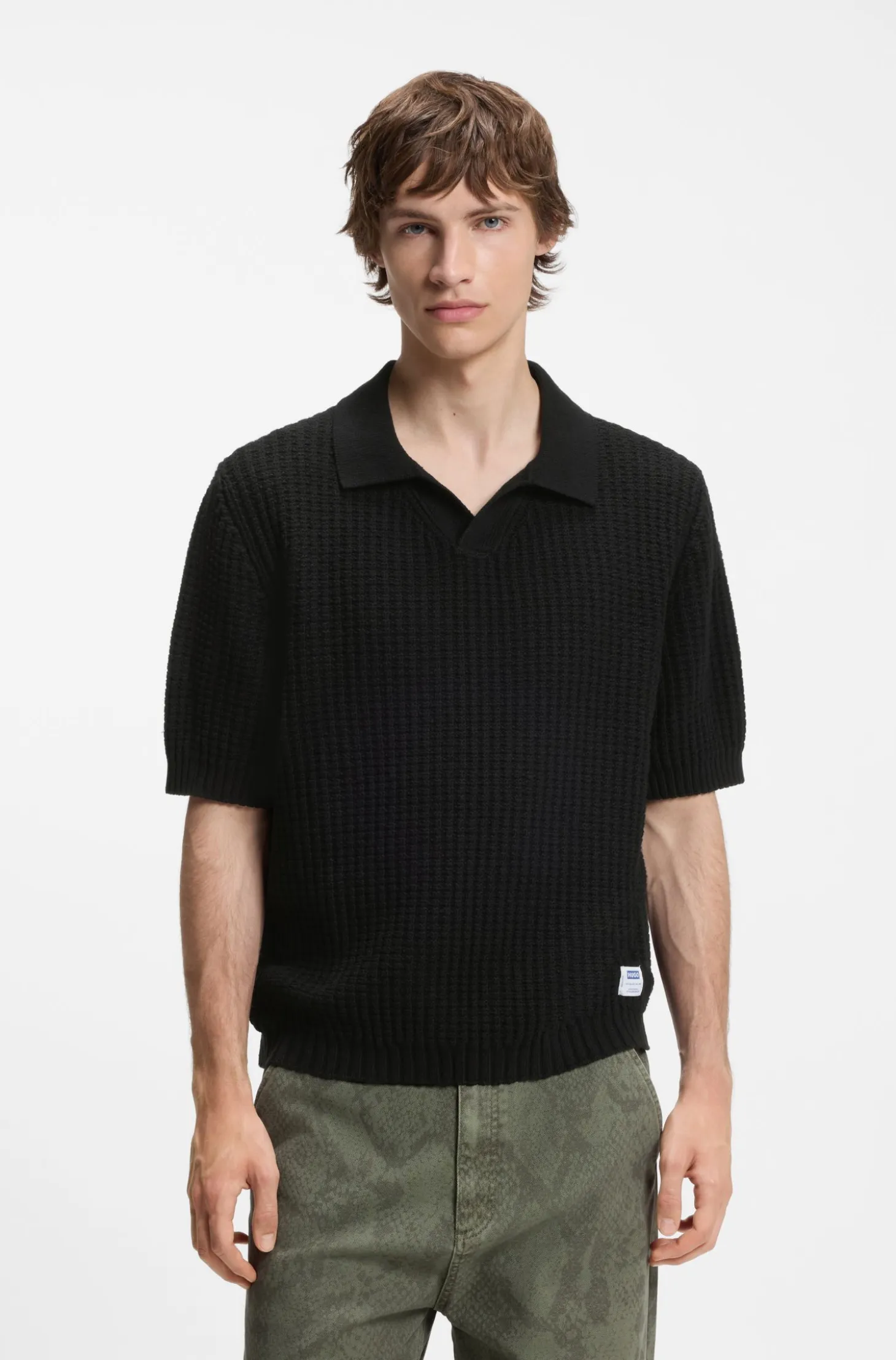 Waffle-structure knit polo with Johnny collar