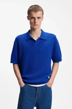 Waffle-structure knit polo with Johnny collar