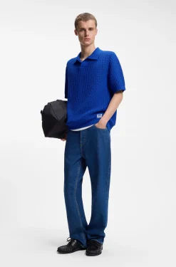 Waffle-structure knit polo with Johnny collar
