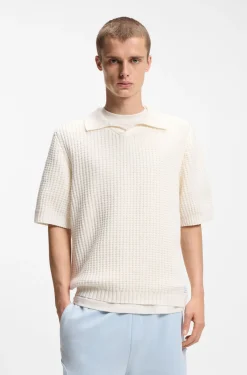 Waffle-structure knit polo with Johnny collar