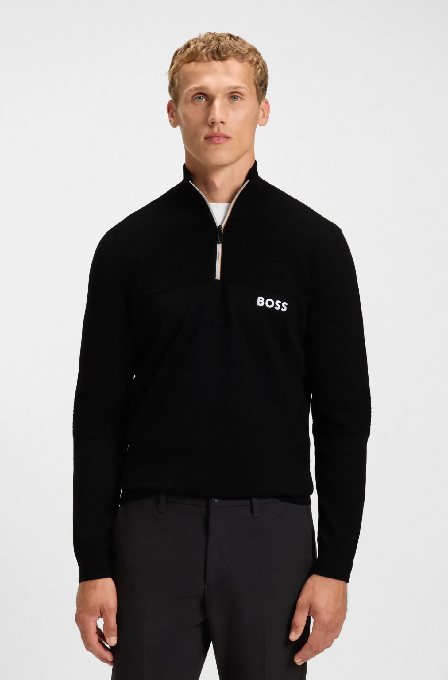 Water-repellent cotton-blend sweater with zip neck