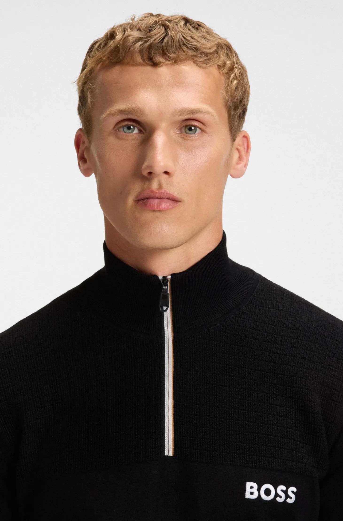 Water-repellent cotton-blend sweater with zip neck