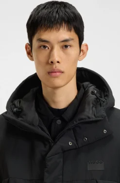 Water-repellent hooded puffer coat with split logo