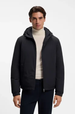 Water-repellent hooded short jacket with down filling