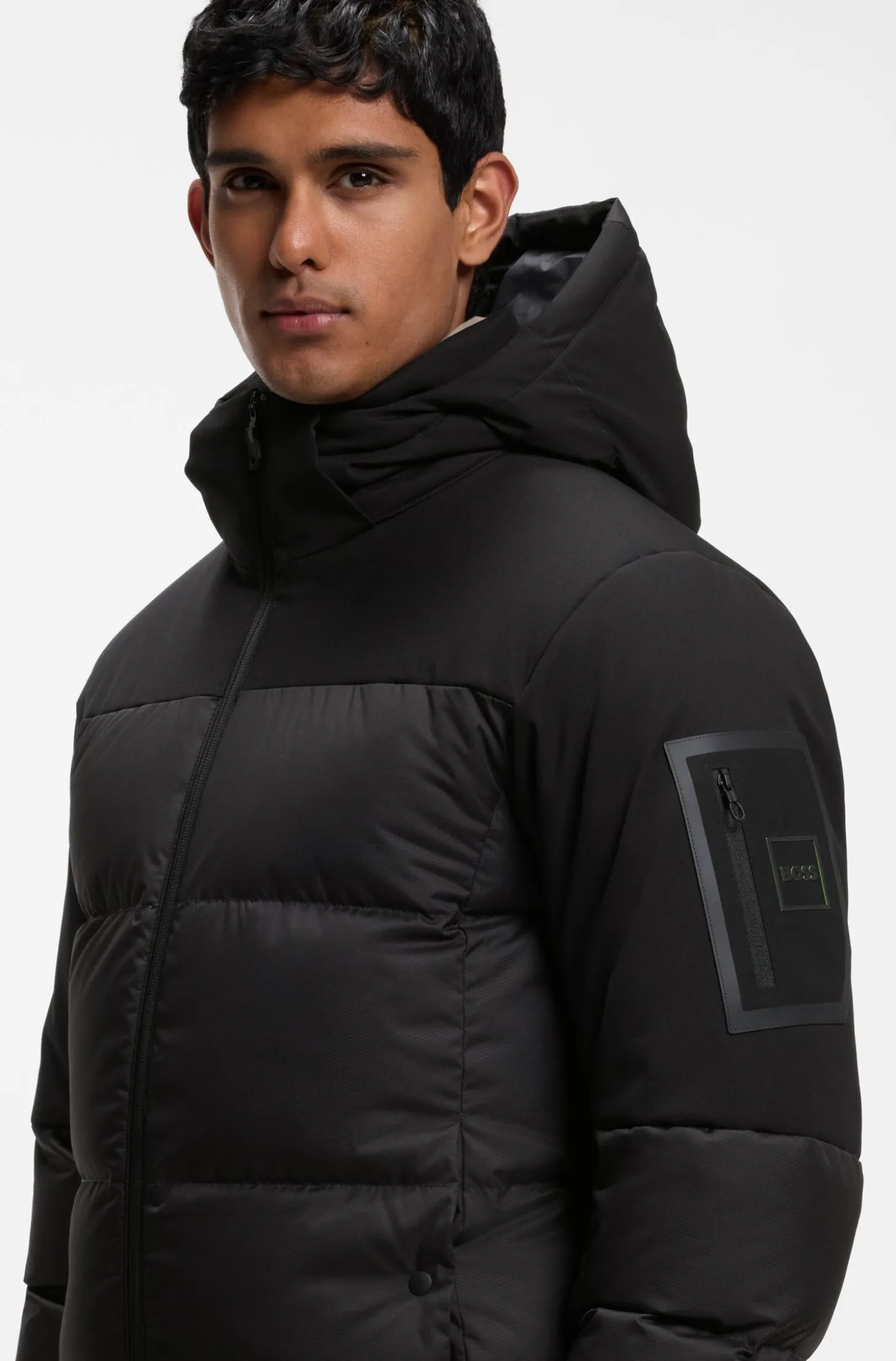 Water-repellent jacket with down filling and detachable hood