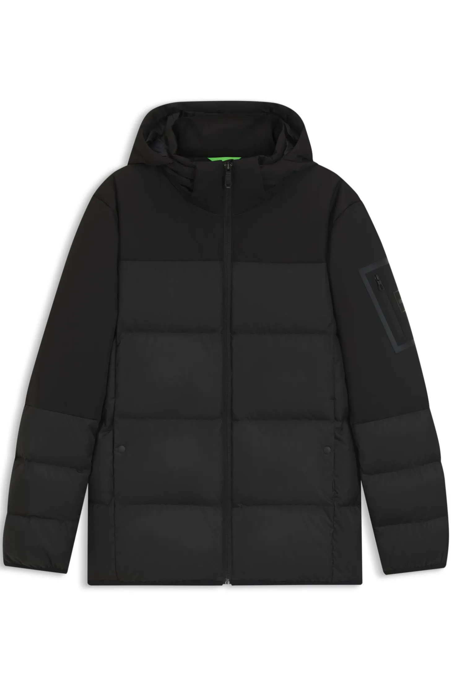 Water-repellent jacket with down filling and detachable hood