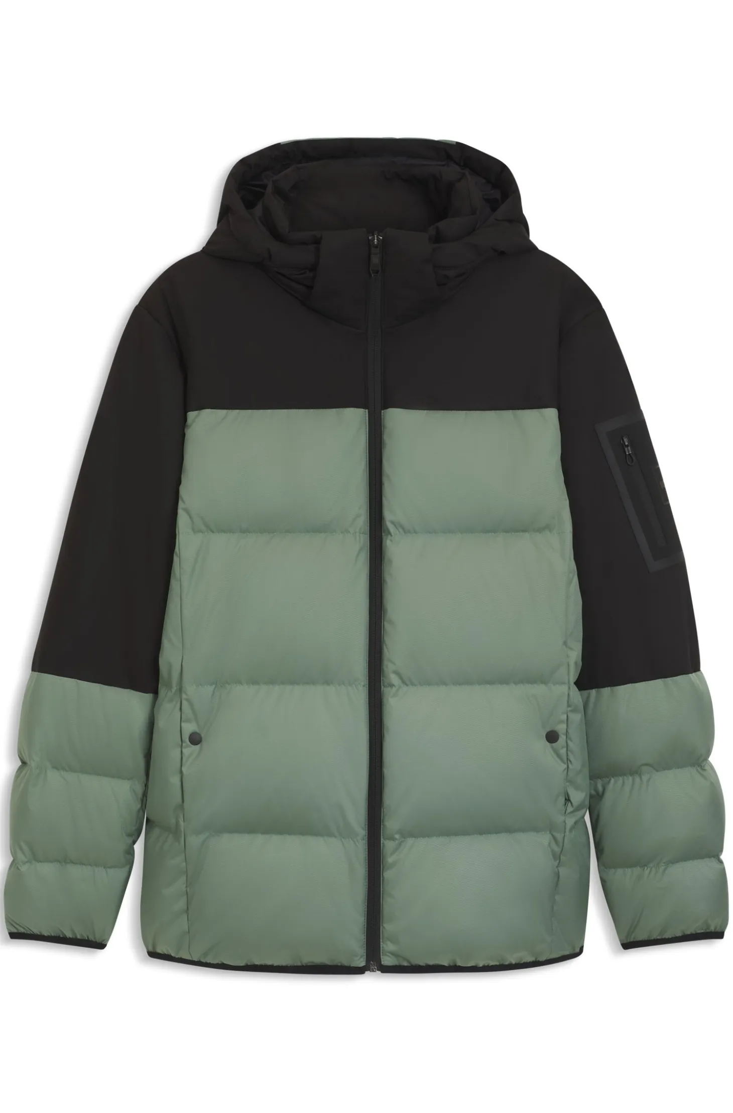 Water-repellent jacket with down filling and detachable hood