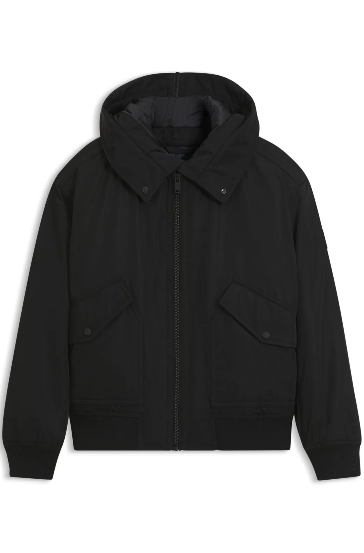 Water-repellent jacket with detachable hooded bib