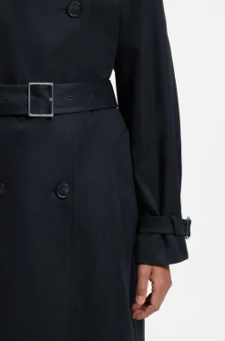 Water-repellent trench coat with buckled belt