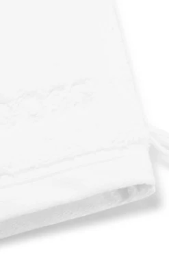 White cotton wash mitt with embroidered logo