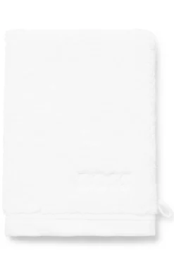 White cotton wash mitt with embroidered logo