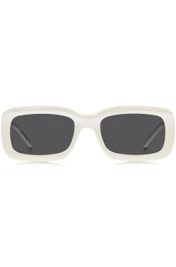 White sunglasses with stacked-logo temples