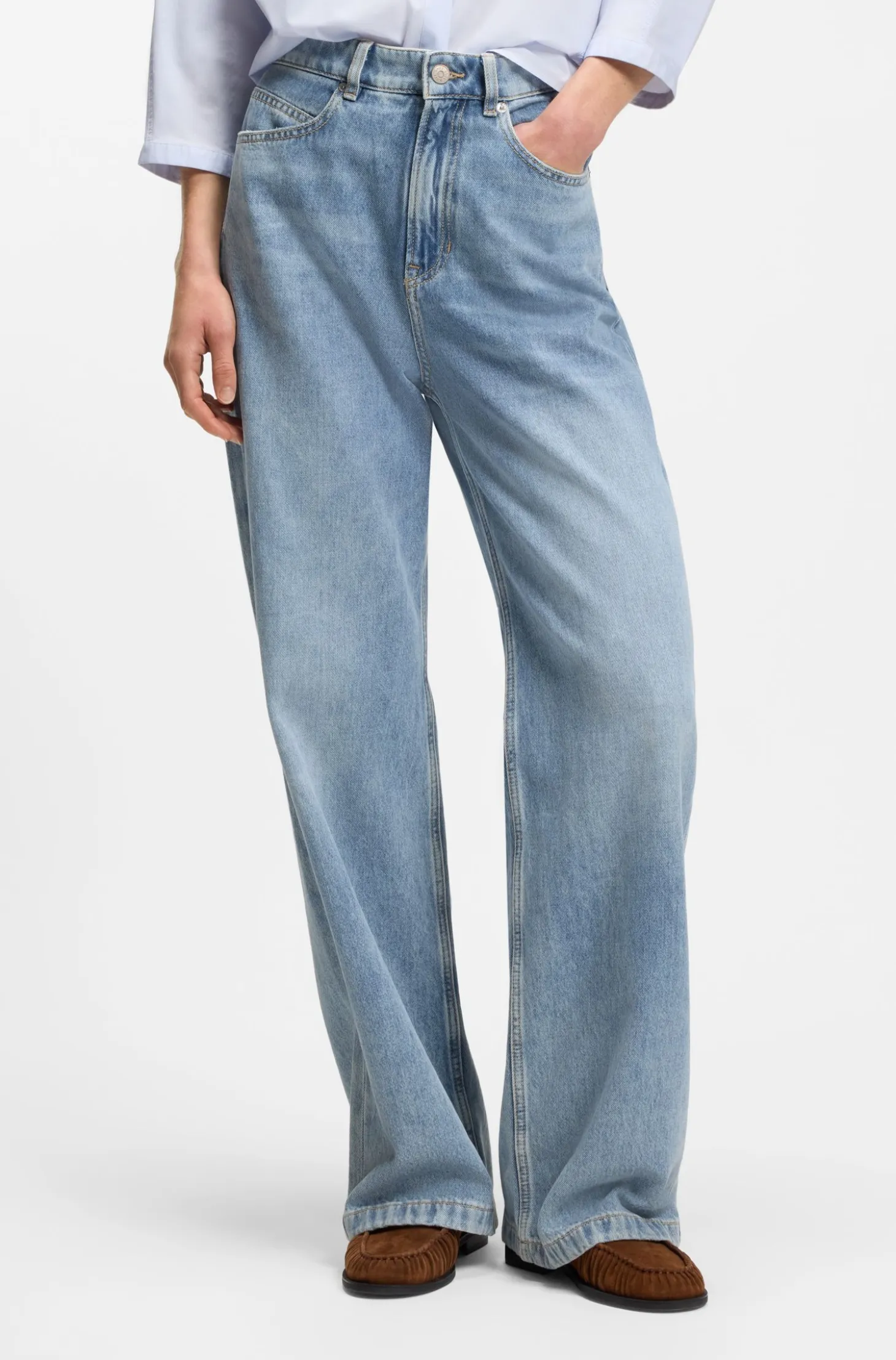 Wide-leg regular-fit jeans in light-blue denim