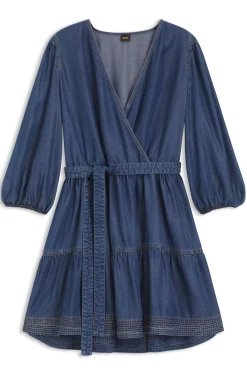 Wrap-front denim-look dress with balloon sleeves