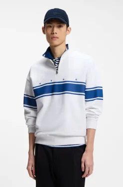 Zip-neck cotton sweatshirt with printed stripes