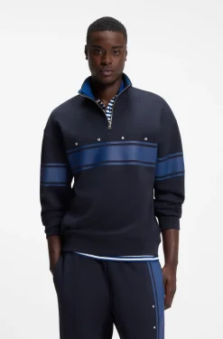 Zip-neck cotton sweatshirt with printed stripes