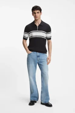 Zip-neck knit polo with block stripes