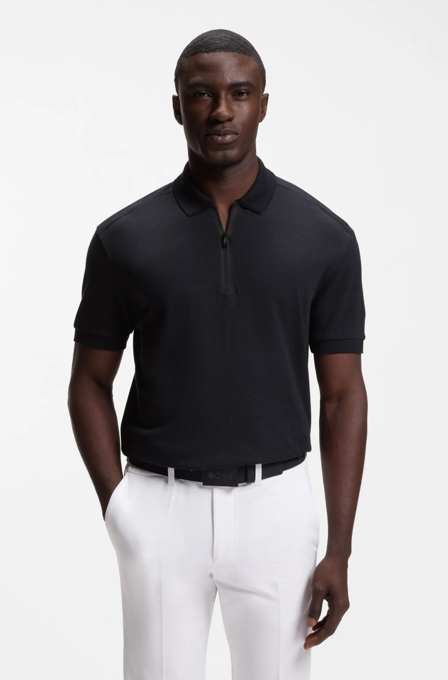 Zip-neck polo shirt in waffle jacquard