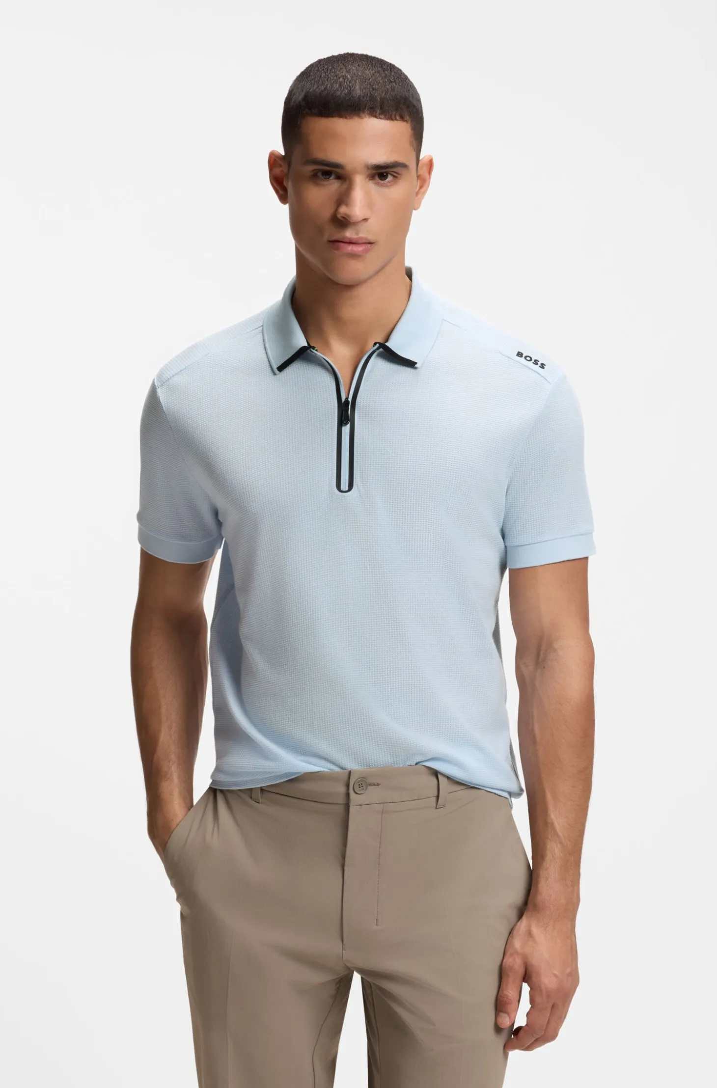 Zip-neck polo shirt in waffle jacquard