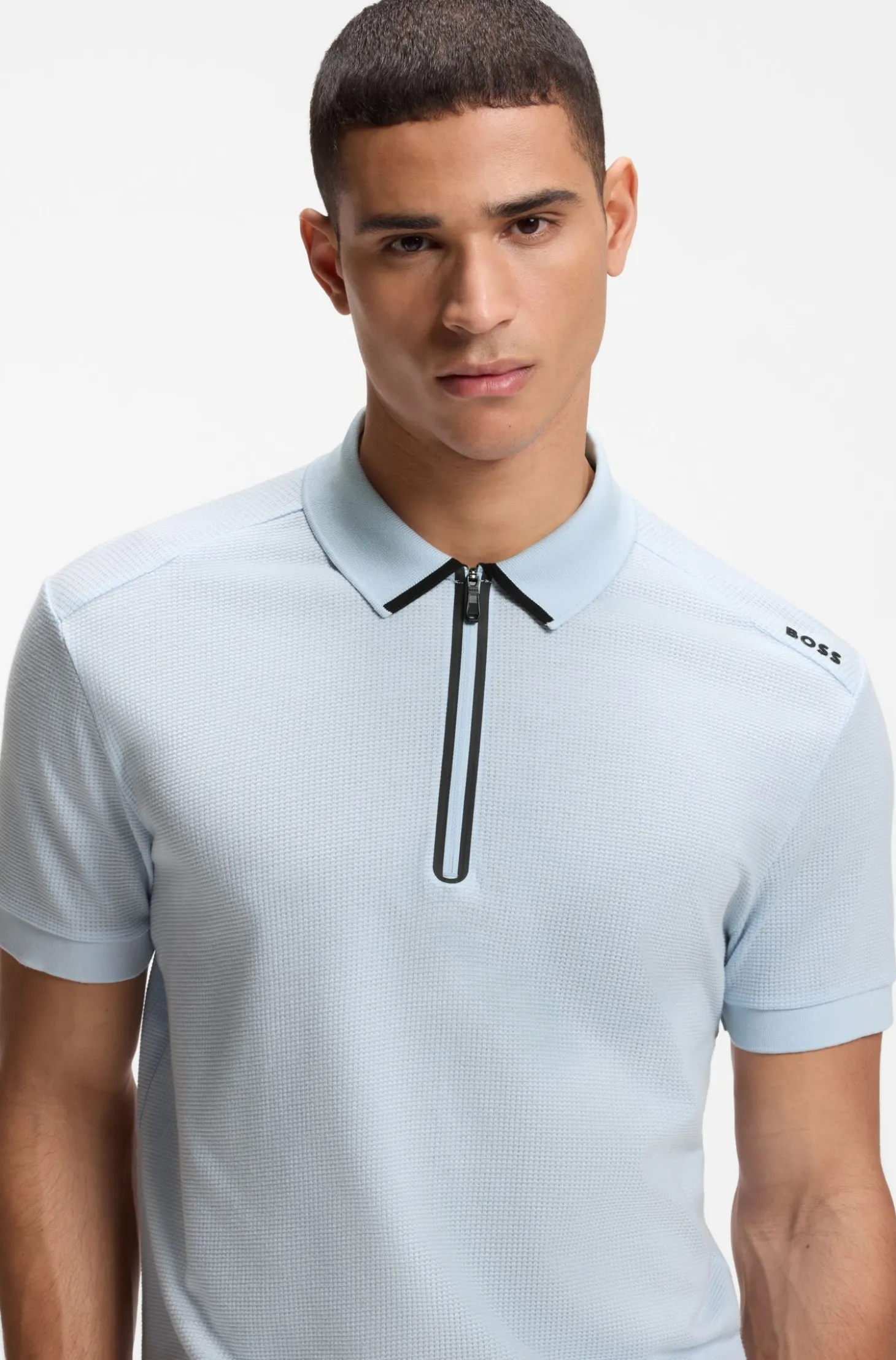 Zip-neck polo shirt in waffle jacquard