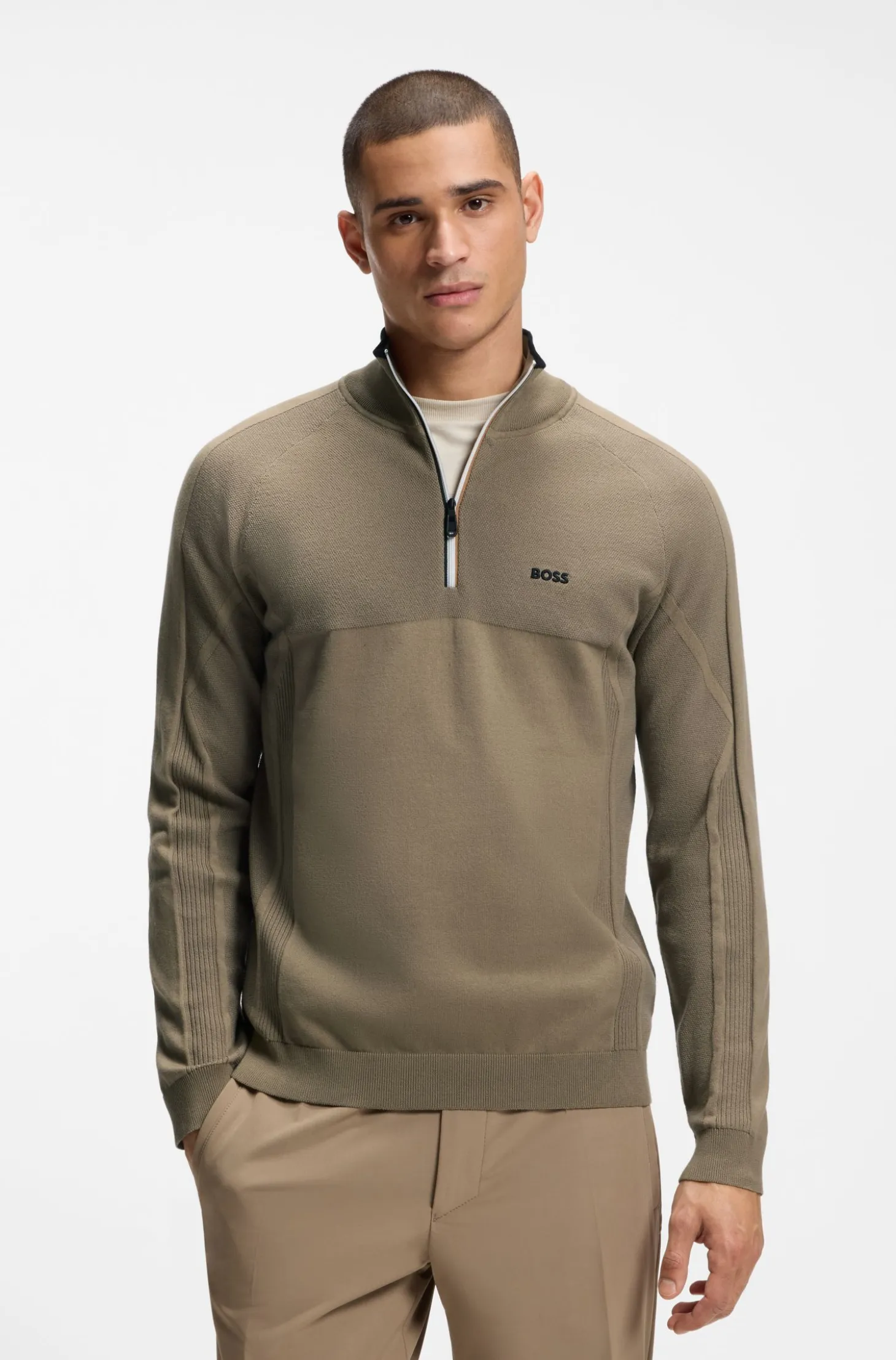Zip-neck sweater in a mixed-knit cotton blend