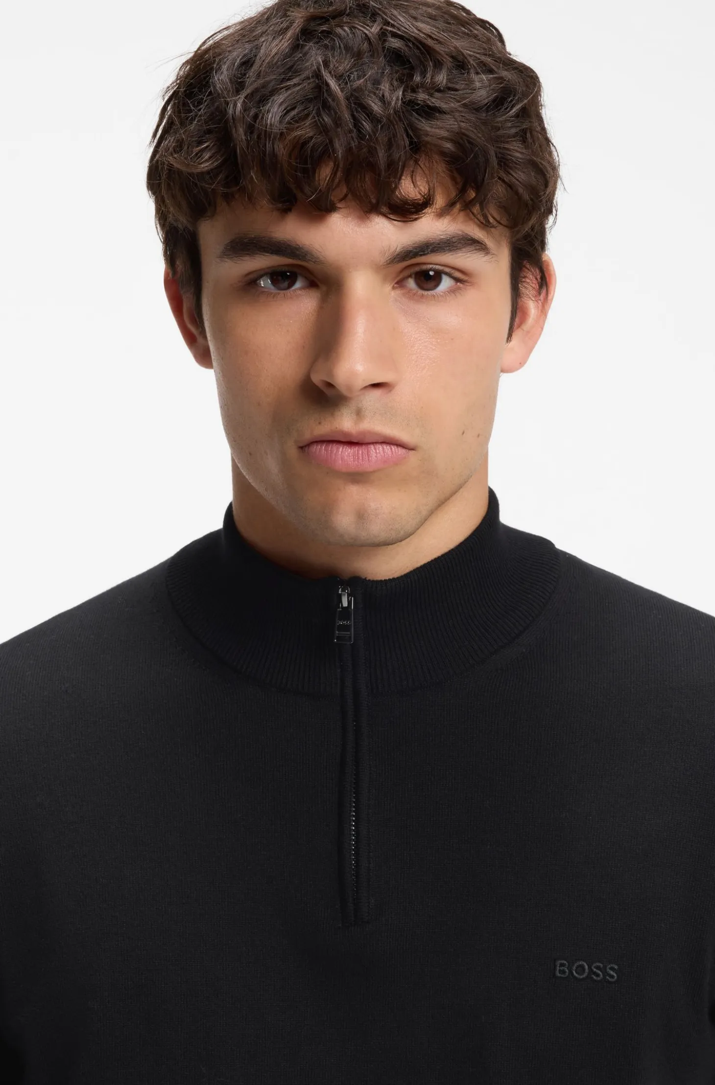 Zip-neck sweater in cotton with logo embroidery