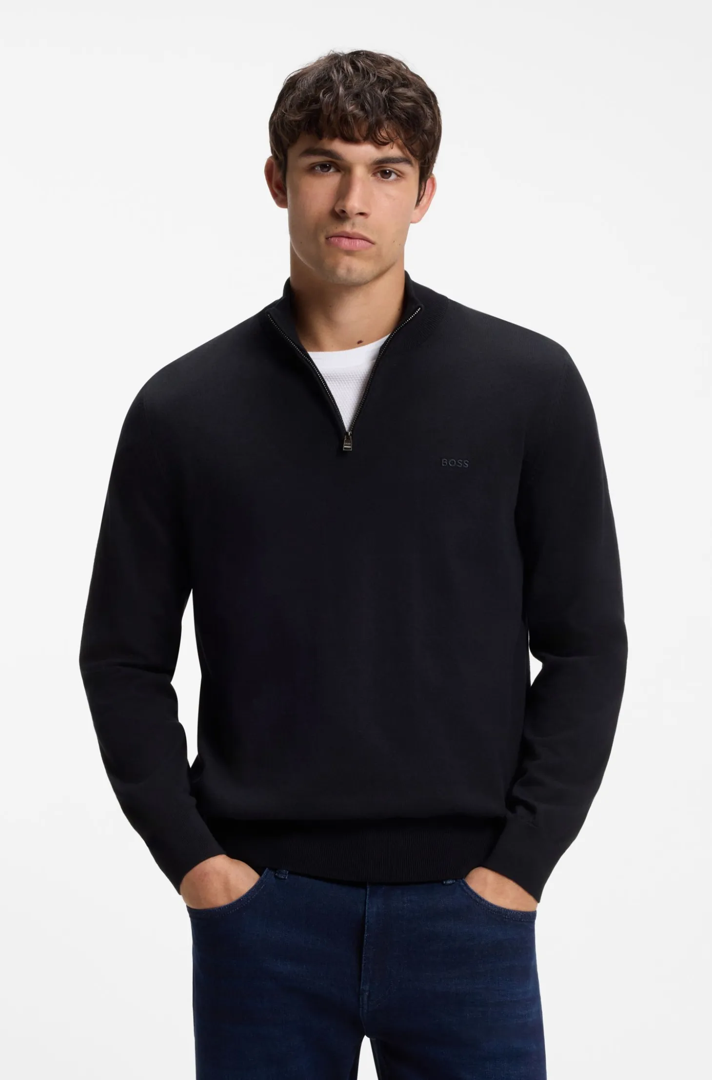 Zip-neck sweater in cotton with logo embroidery