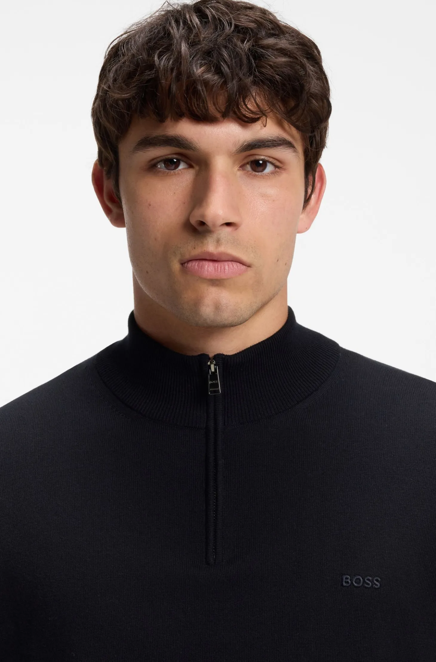 Zip-neck sweater in cotton with logo embroidery