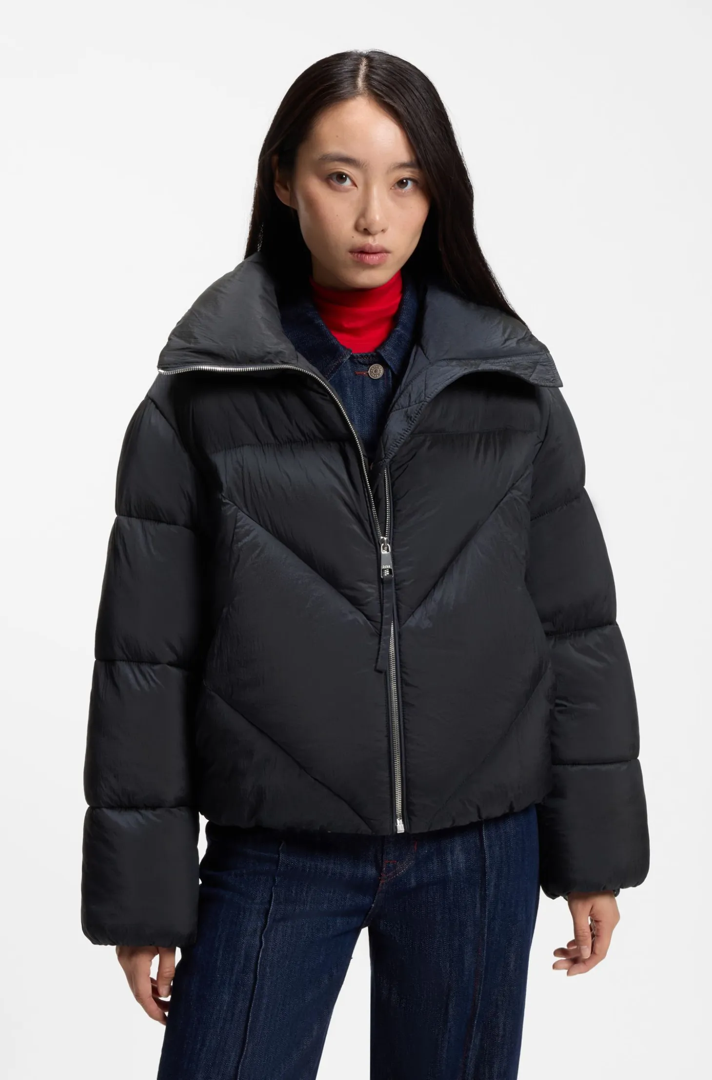 Zipped puffer jacket in lustrous fabric