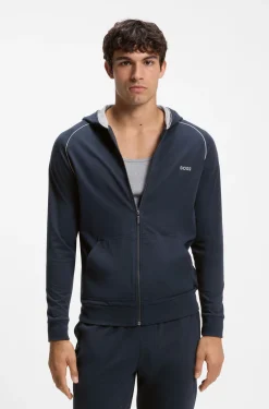 Zip-up hoodie in stretch cotton with contrast piping