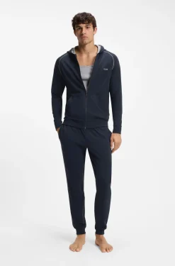 Zip-up hoodie in stretch cotton with contrast piping