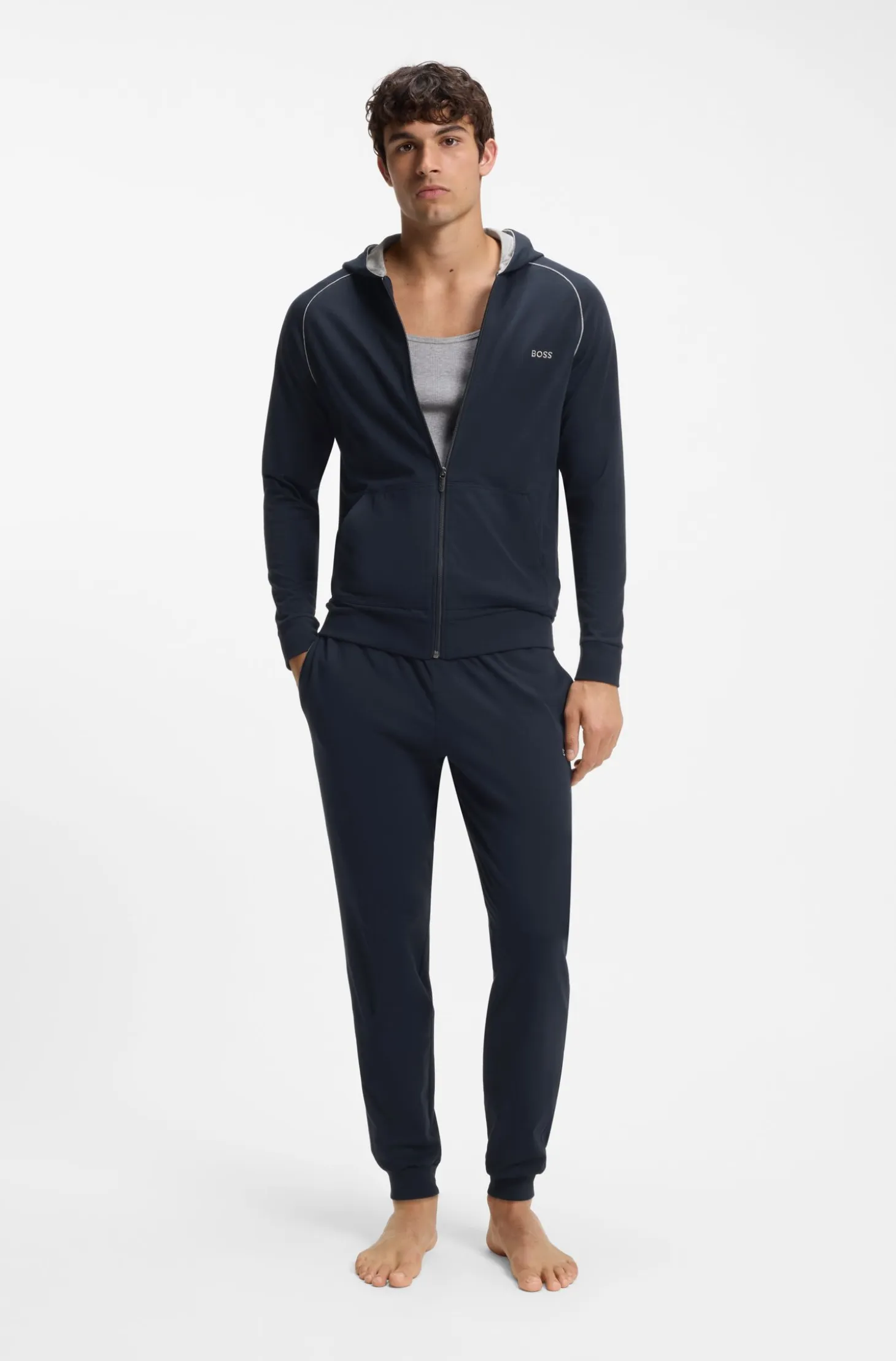 Zip-up hoodie in stretch cotton with contrast piping