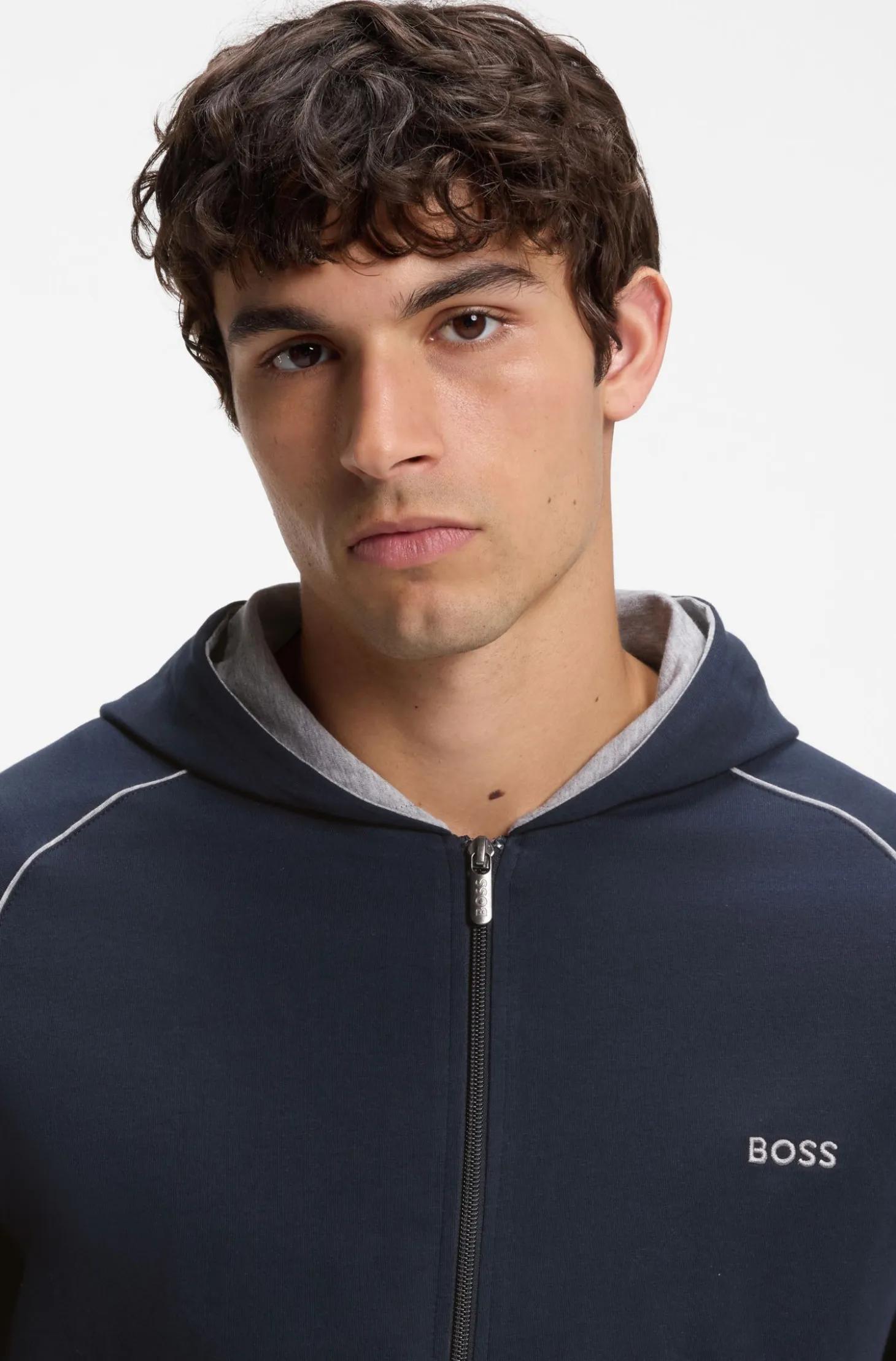 Zip-up hoodie in stretch cotton with contrast piping