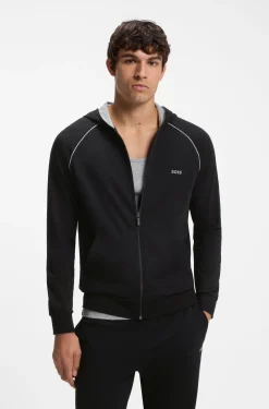 Zip-up hoodie in stretch cotton with contrast piping